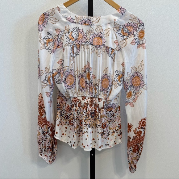 Free People Floral Tie Font Balloon Sleeves Boho Blouse Small Office Indie Hippi - Picture 5 of 11